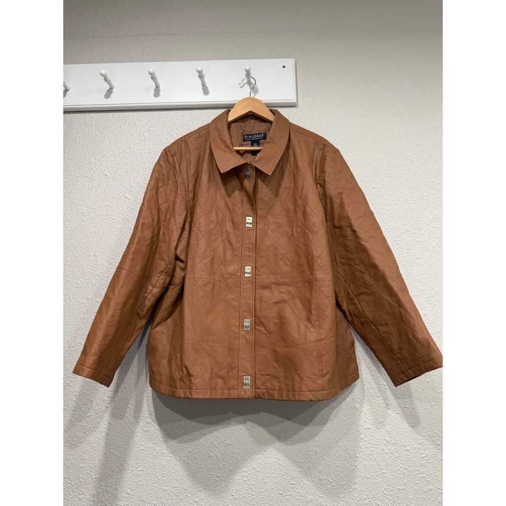 Vintage Dialogue Quilted Leather Jacket Womens 2X Brown Turn Lock Coat Old Money
